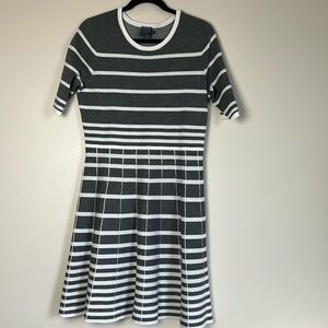 Gabby Skye Gray and White Elbow-Sleeve Stripe A-Line Sweater Dress Size XL